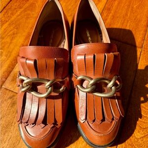 ANTONIO MELANI Tan Leather Loafers with Fringe and Chain
